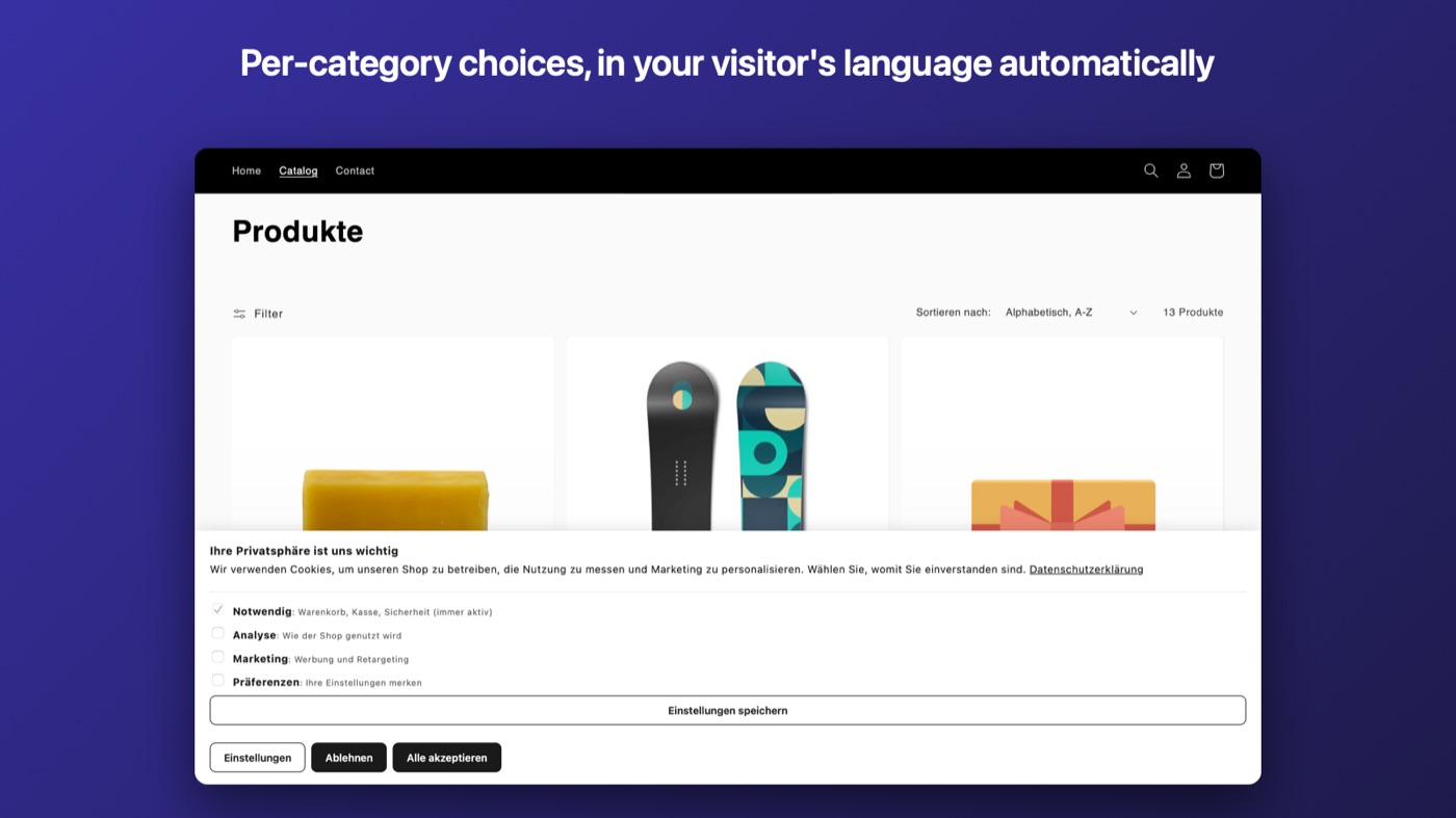 Per-category cookie preferences shown automatically in the visitor's language