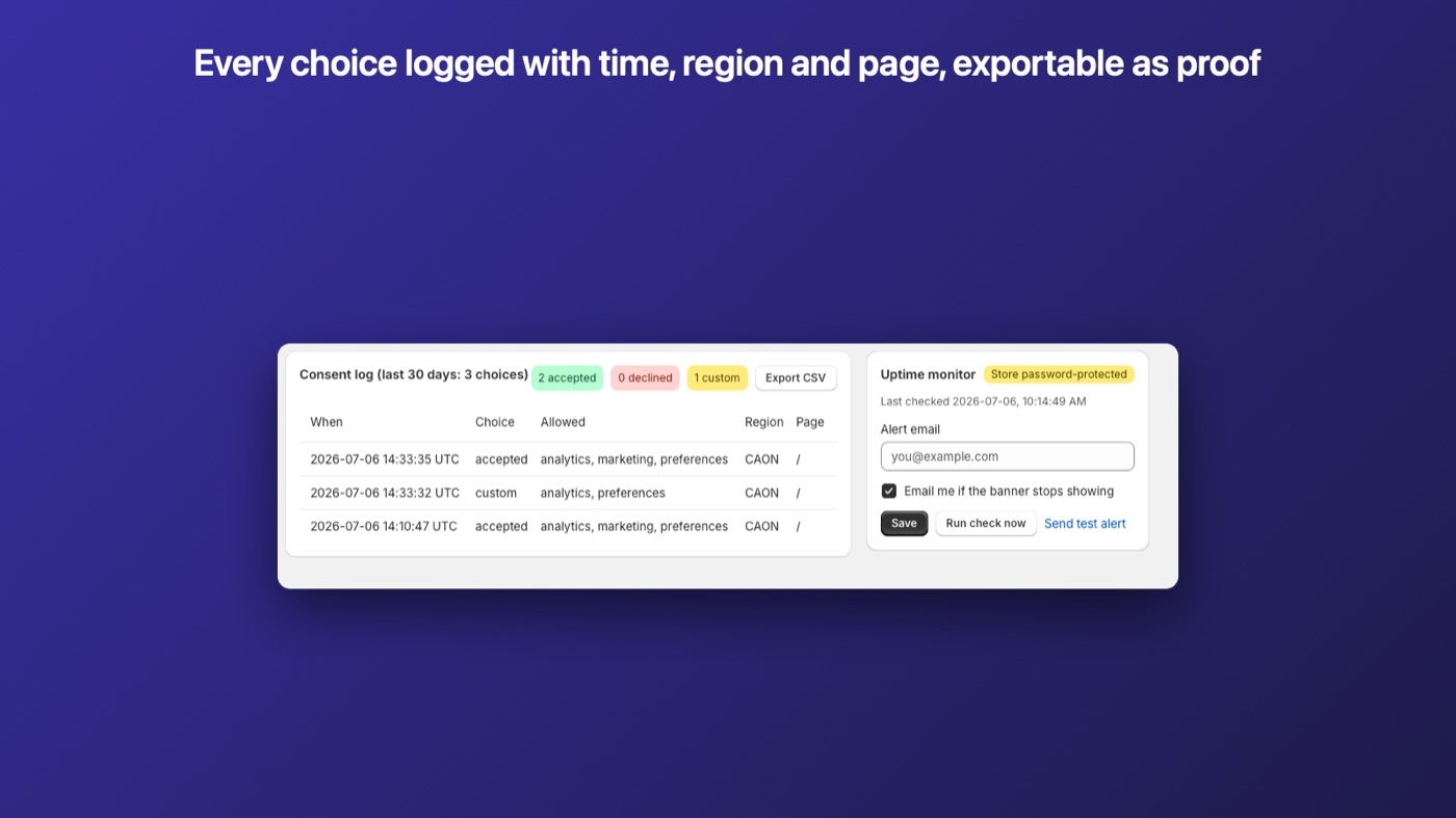 Consent log with every choice recorded and exportable as proof